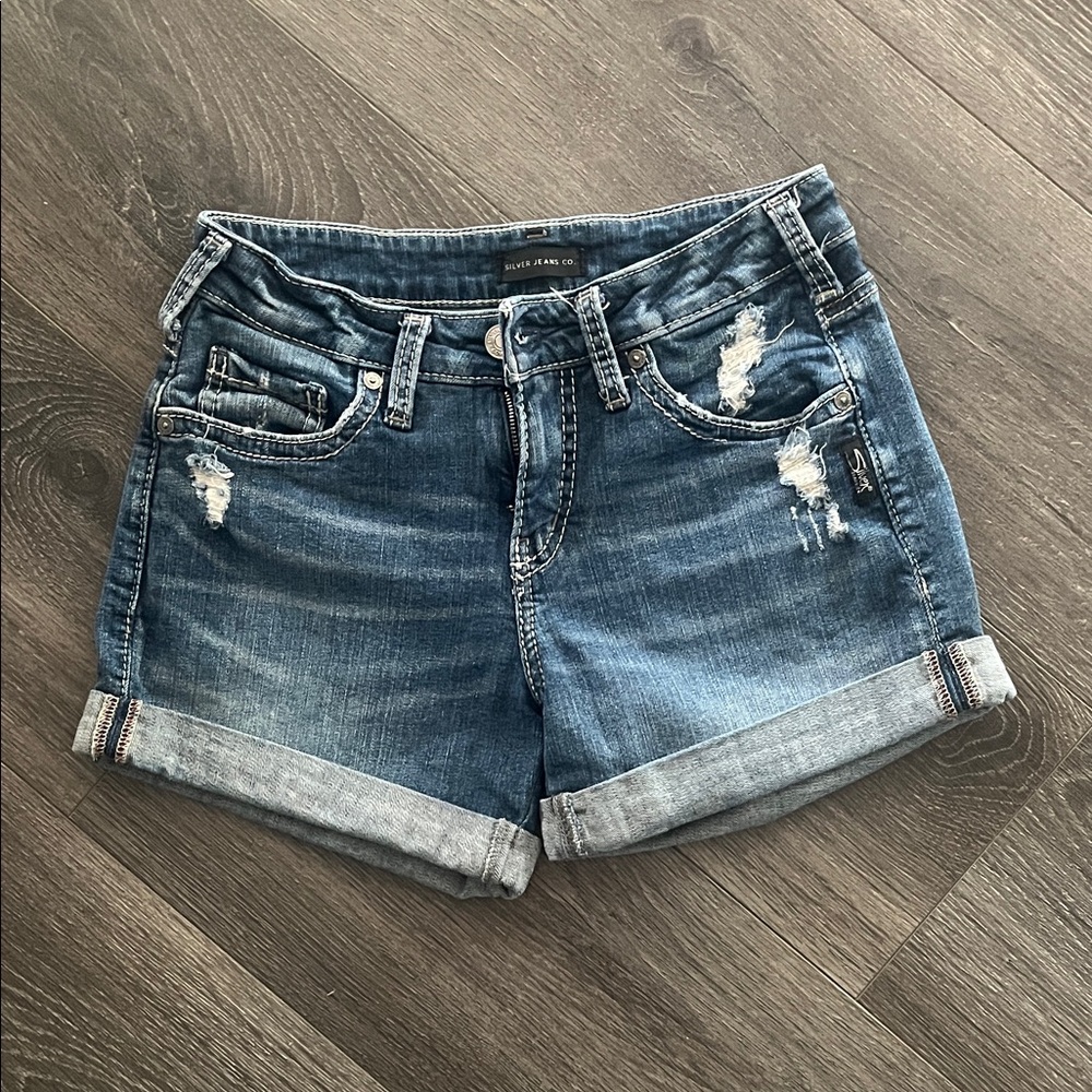 Silver Jean Shorts Blue Distressed Jean